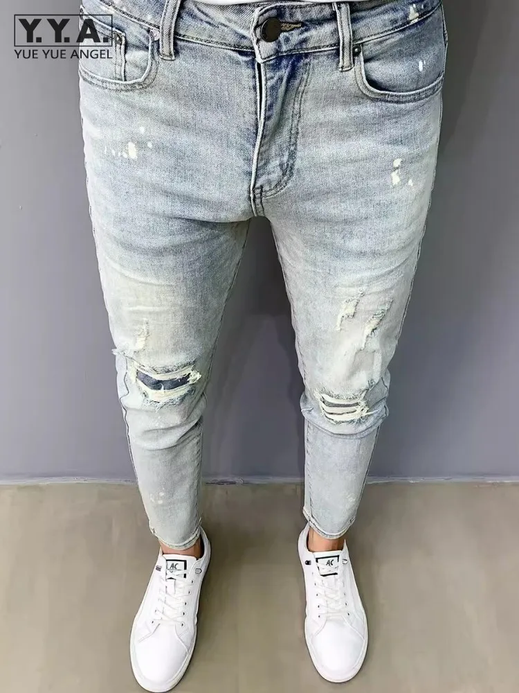 

Light Blue Mens Hole Ripped Patch Denim Pants Slim Fit Casual Jeans Spring Summer Pencil Pants Streetwear Cowboy Long Trousers