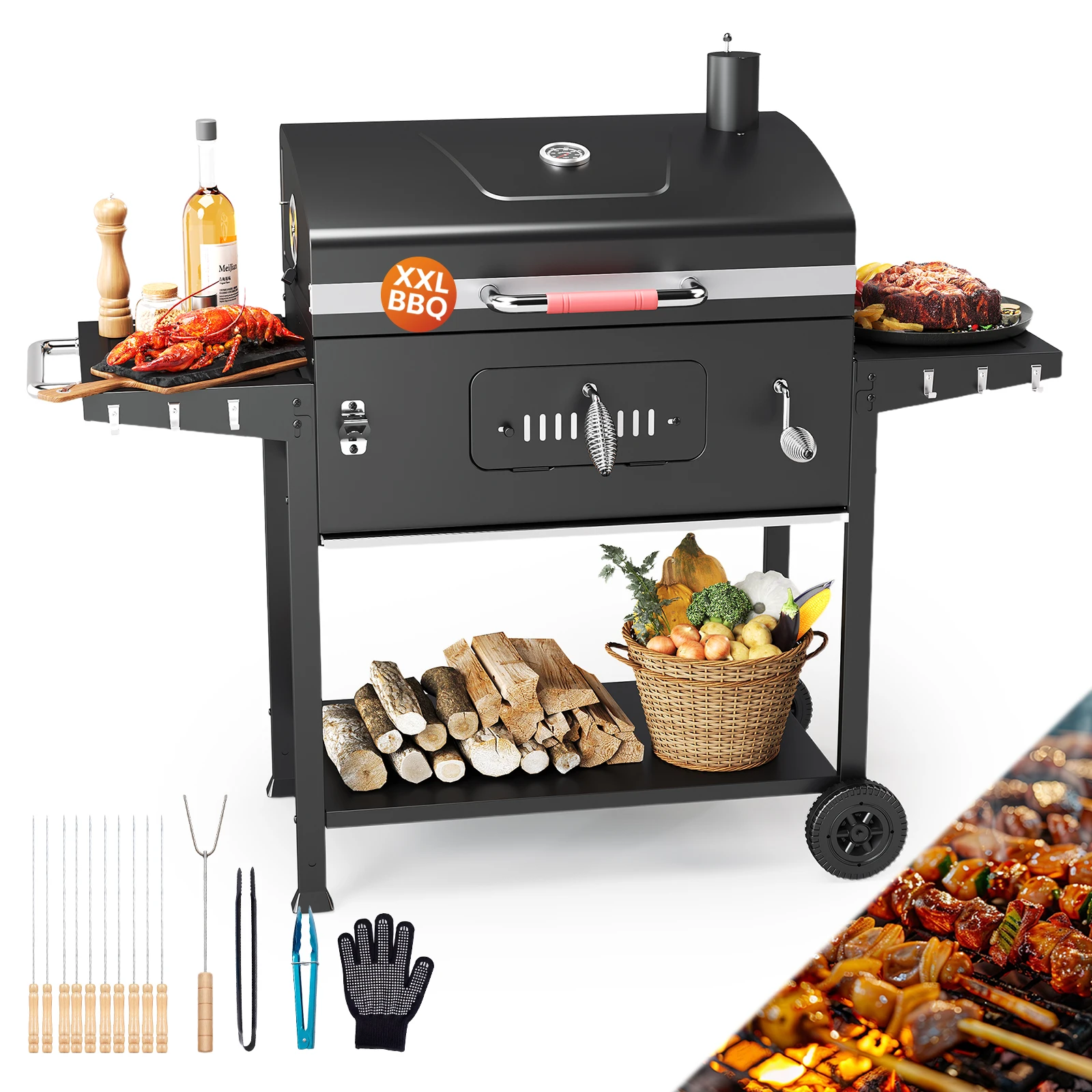 Barbecue professionnel Devoko 71x42,5 cm sur chariot, grill à charbon de bois avec panneaux latéraux pliables et thermomètre