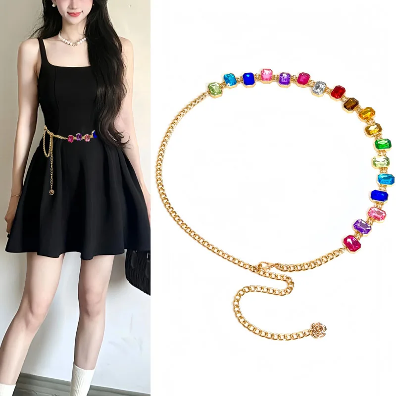 

Colorful Rhinestone Chain Belt Rainbow Gem Waist Belt Statement Diamond Waist Chains for Women Ladies Female Fashion Dress Belt