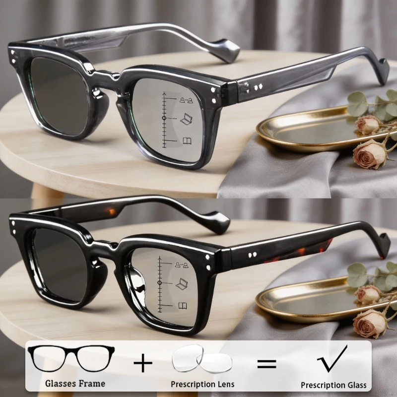 Fashionable Square-Frame Multifocal Photochromic Prescription Glasses Retro Large-Frame High-Definition Custom Eyeglasses