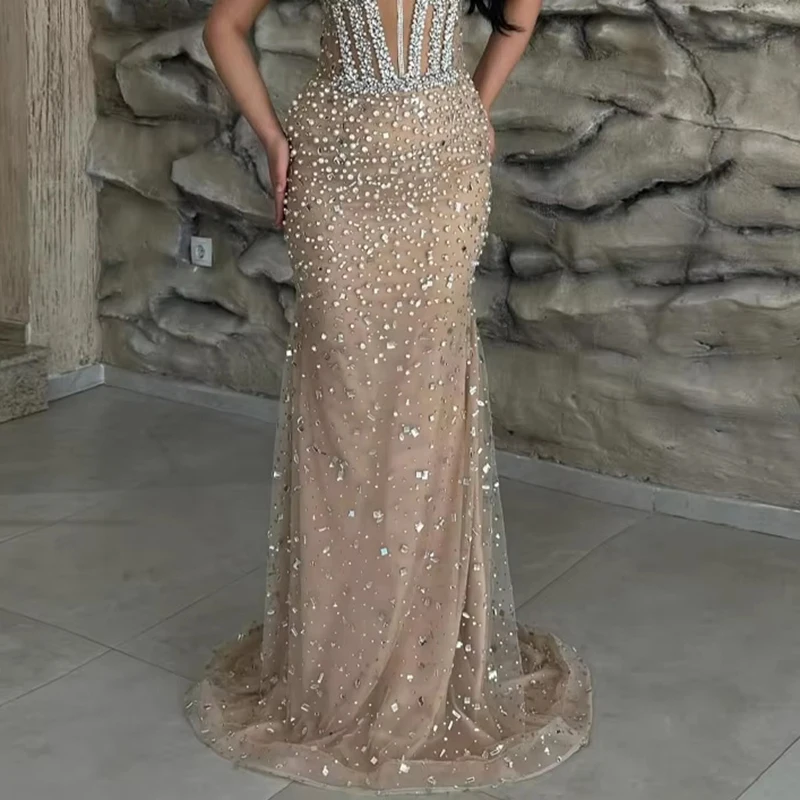 럭셔리 크리스탈 인어 이브닝 가운 여성 딥 브이넥 민소매 댄스 파티 드레스 바닥 길이 바디 컨 정장 가운 파티 드레스