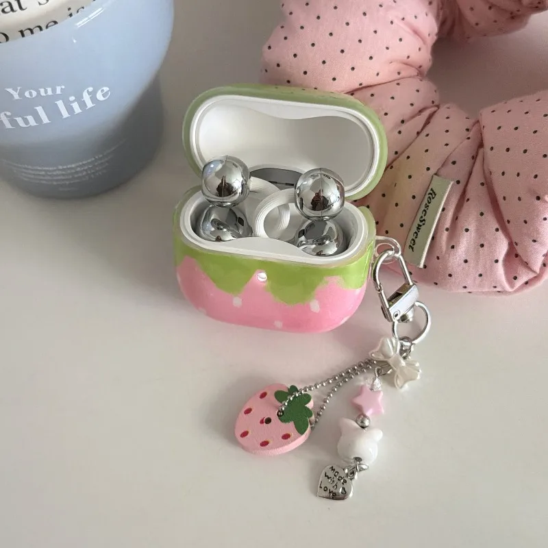 for Samsung Galaxy Buds 4 Pro 3 Pro 2 Live 3 FE Core Cute Lovely White Point Pink Strawberry Glossy Earphone Cover Case Pendant
