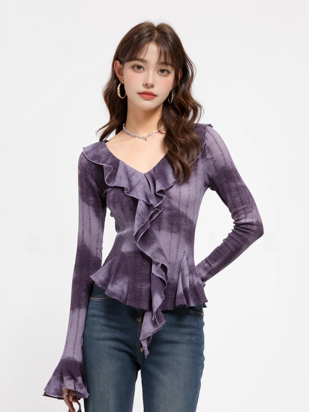 

Xinmon Purple Dyed V-Neck Shirt Short Slim Fit Bloomer Design Breathable Long Sleeve French Style Women's Top