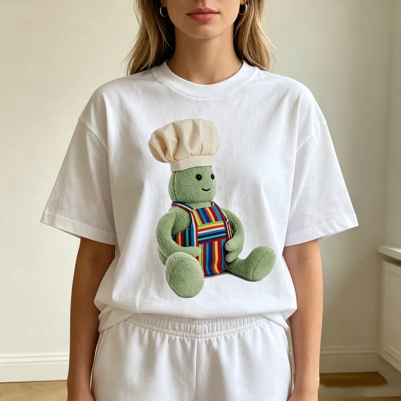 Women Cute Sitting Chef Doll Print Oversized T Shirt Soft Cotton Short Sleeve Funny Cooking Graphic Streetwear Casual Tee