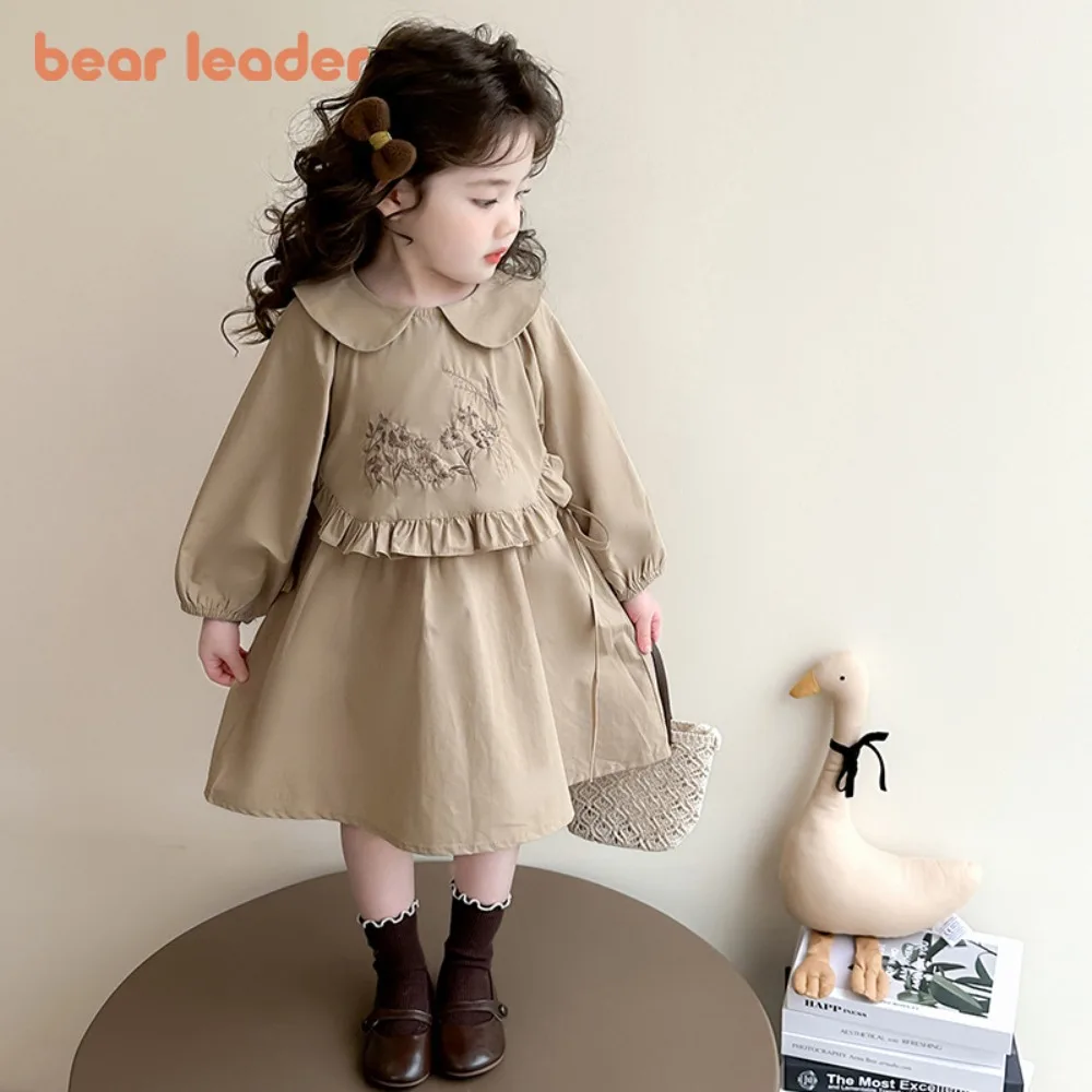

Осенние повседневные платья цвета хаки для девочек Bear Leader, платье с вышивкой и кукольным воротником с длинными рукавами, модная детская одежда в стиле ретро