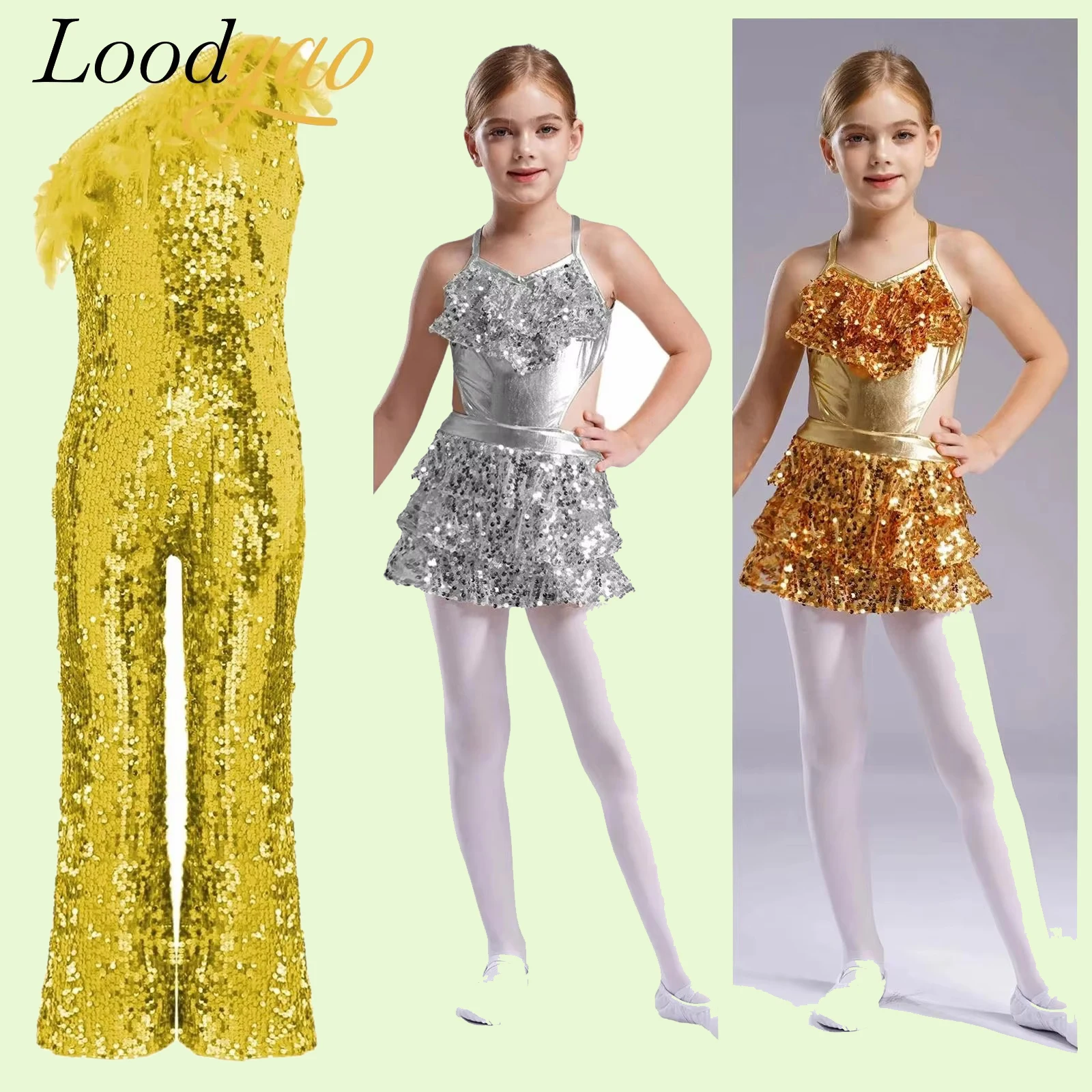 

Kids Girls Sequins Latin Dance Bodysuits Shorty Unitard Metallic Dress Cha-cha Jumpsuits Jazz Dance Stage Performance Costume