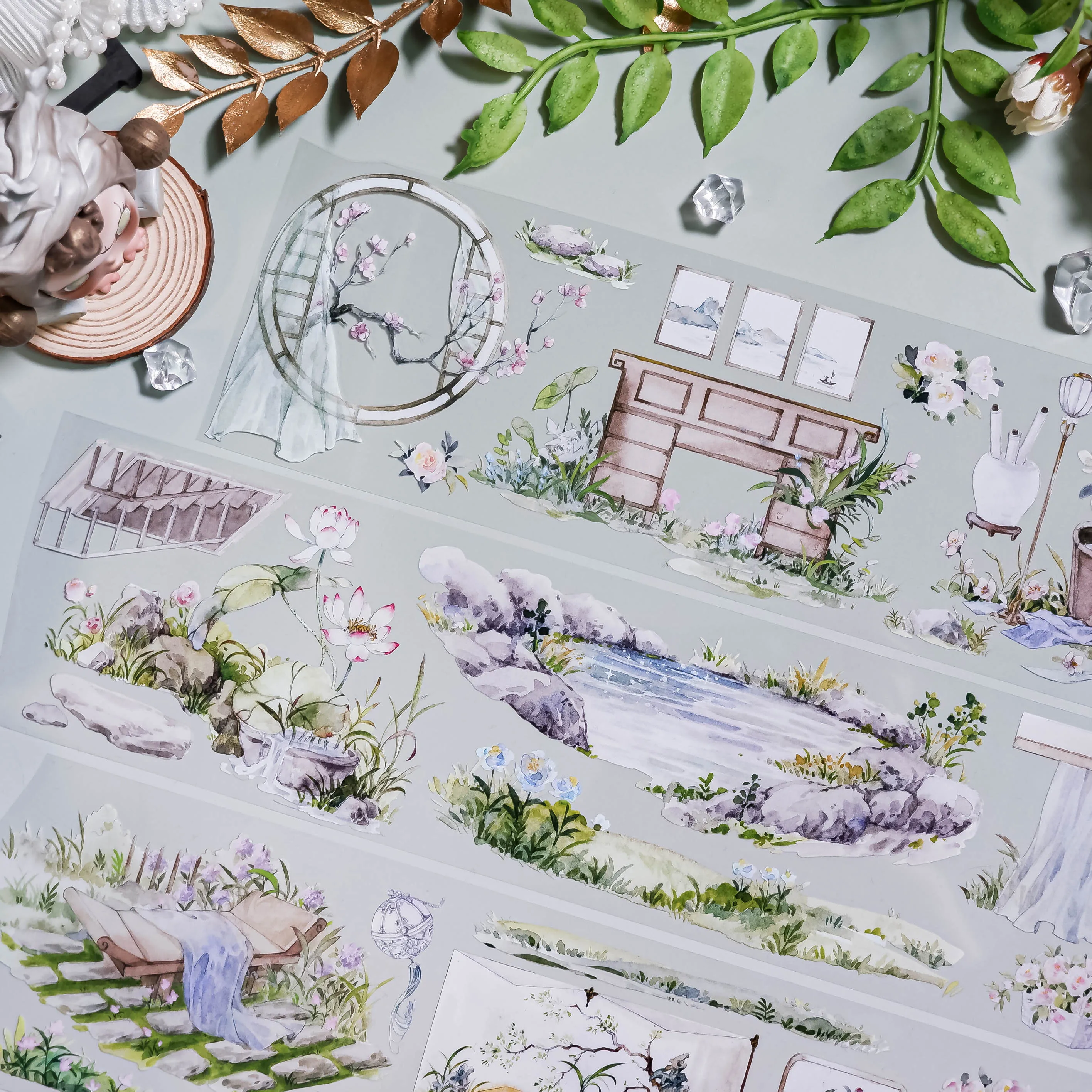 Ancient Chinese Garden Washi Paper washi Tape PET White Ink, Landscaping Courtyard Collage