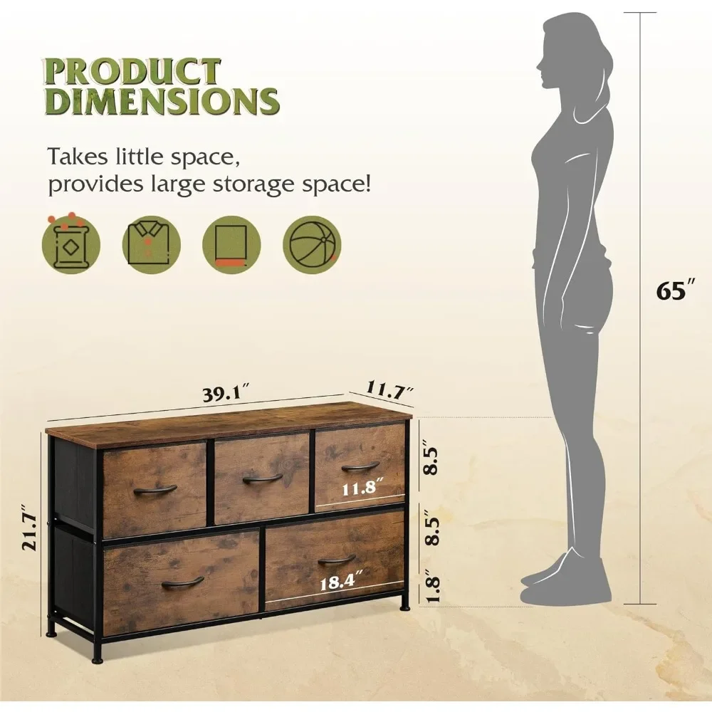 Cômoda para quarto com 5 gavetas, cômoda larga, cômoda de tecido, unidade organizadora de armazenamento com caixas de tecido para armário