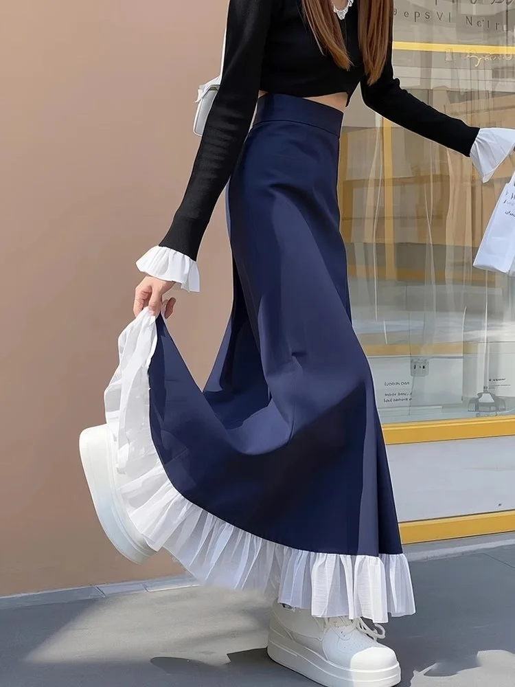Summer High Waist Lace Splice Long A-Line Skirt Women's Slimming Flattering Fi Tail Skirt Korean Sle f Body Skirt