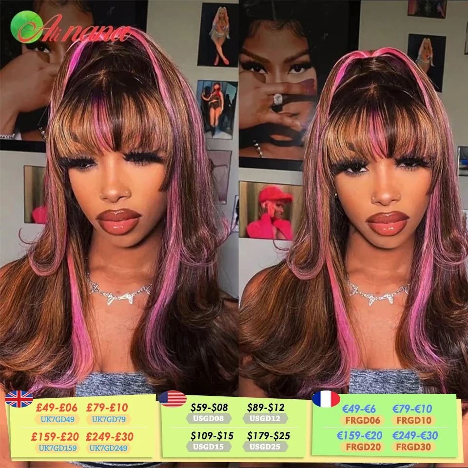 

Highlights Brown With Pink Colored 13x4 Lace Frontal Wig Human Hair For Women Straight Body Wave With Bangs Fringe Hairstyle