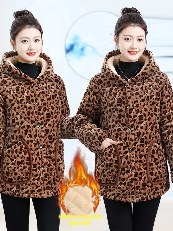 

Winter New plus Size Leopard Print Cotton Jaet Thiened Fce Lined Hooded Tee Layer Sandwich Cotton Coat for Mom Middl...