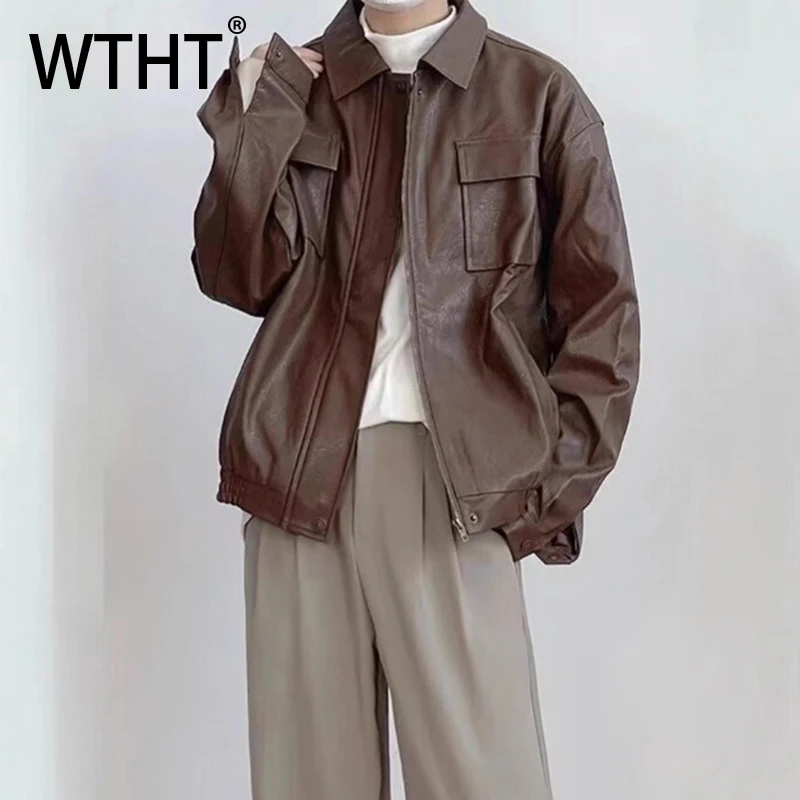 

WTHT Fashion New Men's Leather Spliced Pockets Coats Trendy Japanese-style Turn Down Collar Jackets Male 2025 Autumn 2A1768