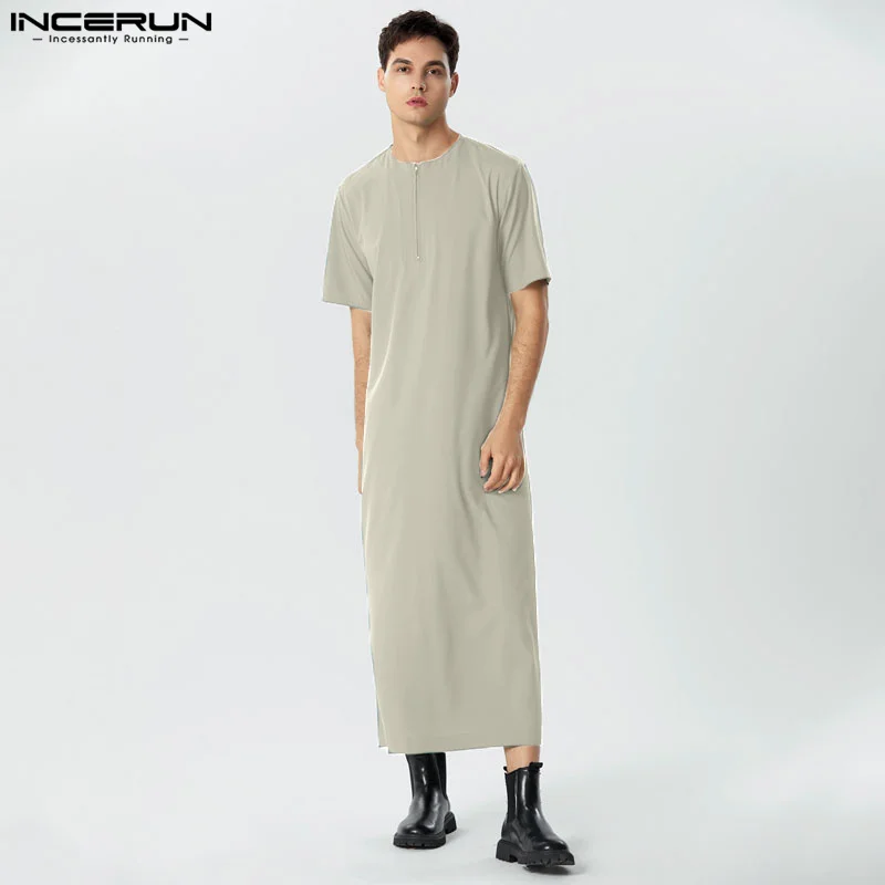 Men Vintage Short Sleeve Robes O-Neck Muslim Arabic Islamic Kaftan INCERUN 2024 Solid Robes Saudi Style Zipper Jubba Thobe S-5XL