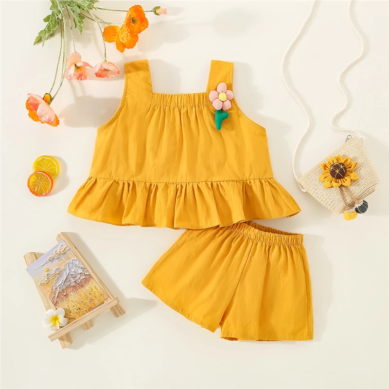2PC/Set Baby Set Summer Cotton Flower Pattern Suspender Top Shorts Baby Girl Set Solid Color Casual Girl Clothing