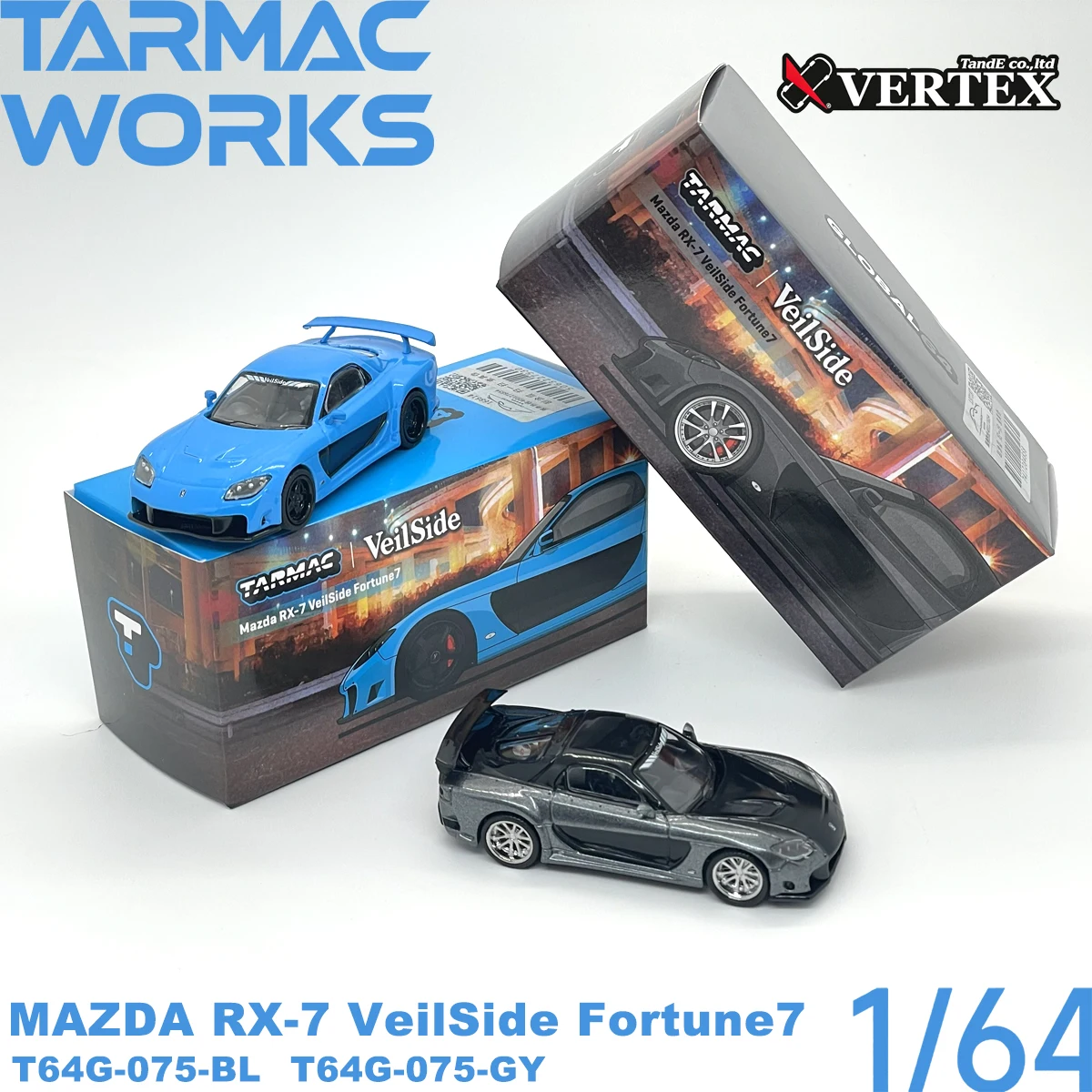 TARMAC WORKS 1:64 T64G‑075-BL/T64G-075-GY RX‑7 VeilSide Fortune7 Diecast Model LHD Wide Body Real Rubber Tires In Stock