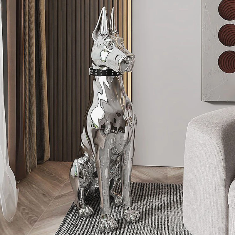 

Modern Fashion Interior Resin Animal Sculpture Home Villa Corner Proch Electroplated Silver Doberman Dog Statue