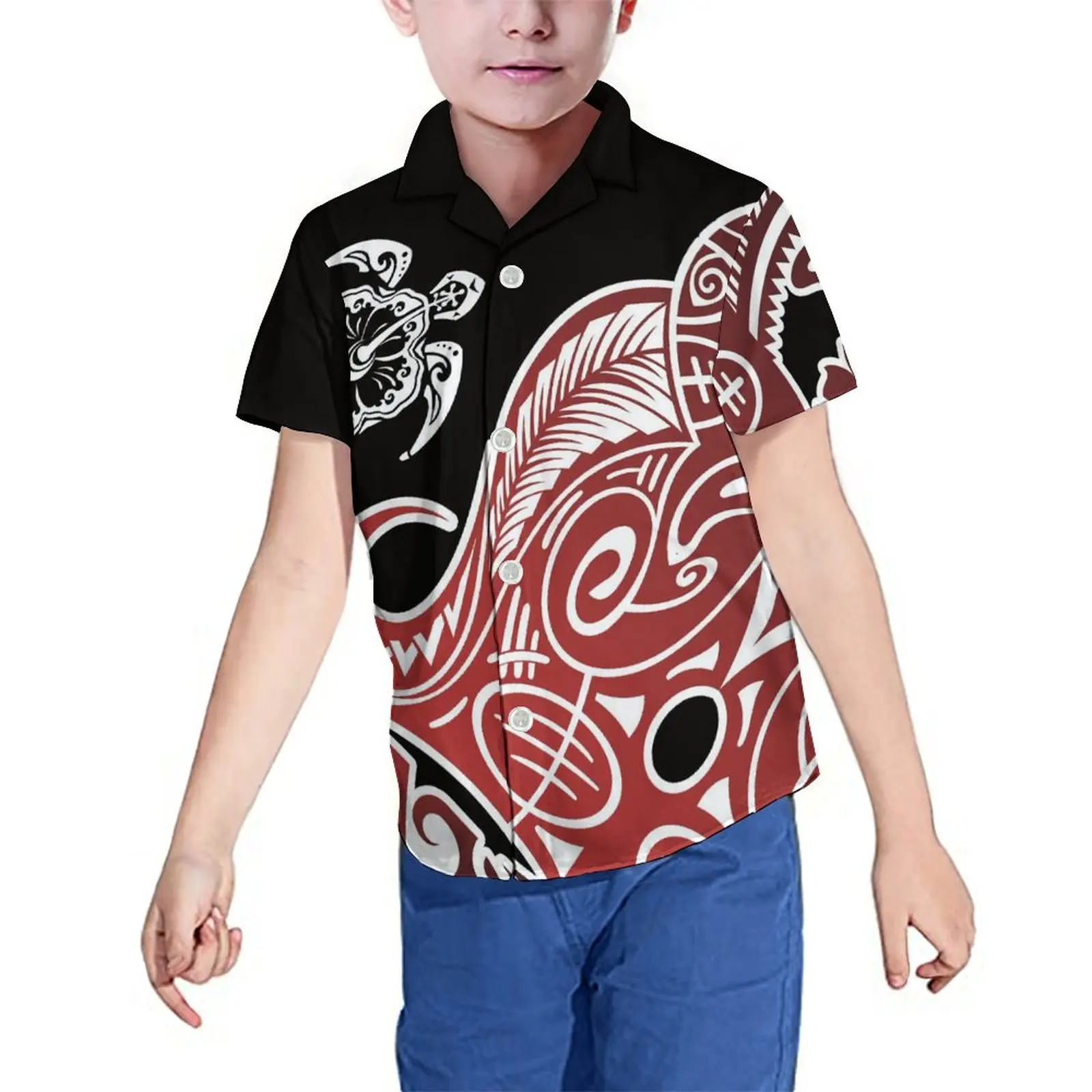 Kinder-Hals Knielengte Bedrukte Jurk Met Bloemenschildpad Patroon Shirt Voor Polynesische Kinderen Overhemd En Jurk Set