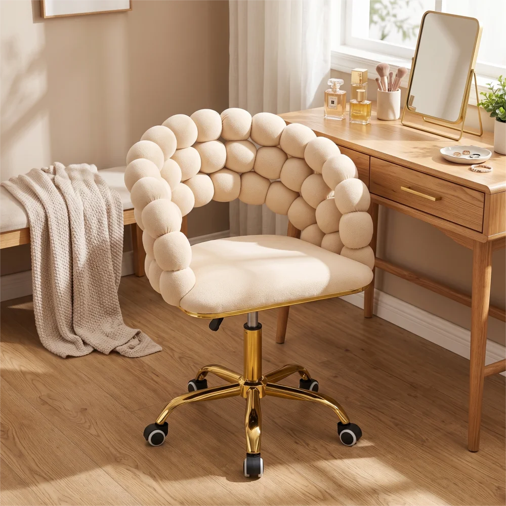 Velvet Bubble Back Vanity Chair Adjustable Height 360 Swivel Makeup Chair Gold Metal Base Silent Rolling Wheels Beige FYOC