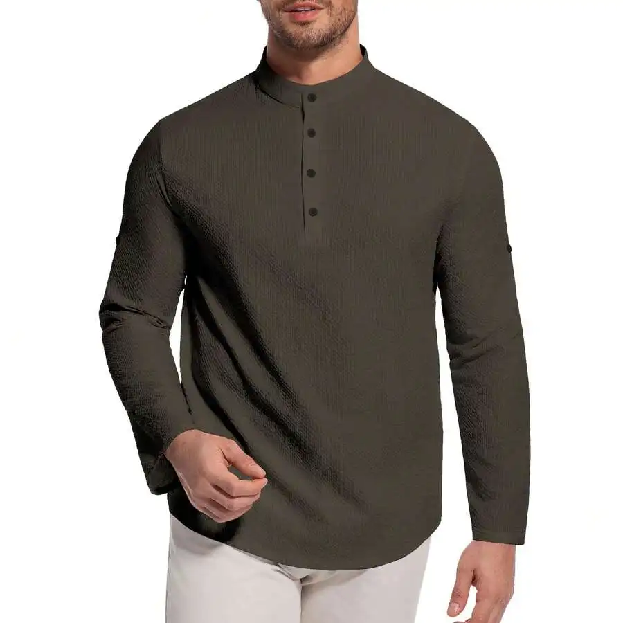 

Mens Long Sleeve Waffle Knit Henley Shirt With Band Collar Casual Pullover Top