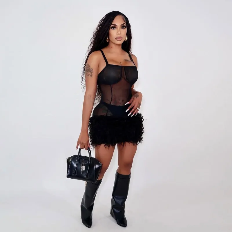 Fofo fuax pele retalhos pura malha camisola mini vestido feminino sexy cintas de espaguete sem costas bodycon meia-noite clubwear vestidos