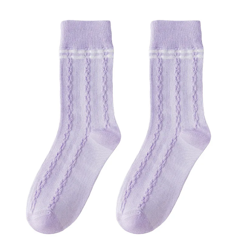 Spring Japan Korea Harajuku Kawaii Cute Socks Women Stripe Lattice Purple Middle Tube Socks Comfortable Breathable Happy Socks