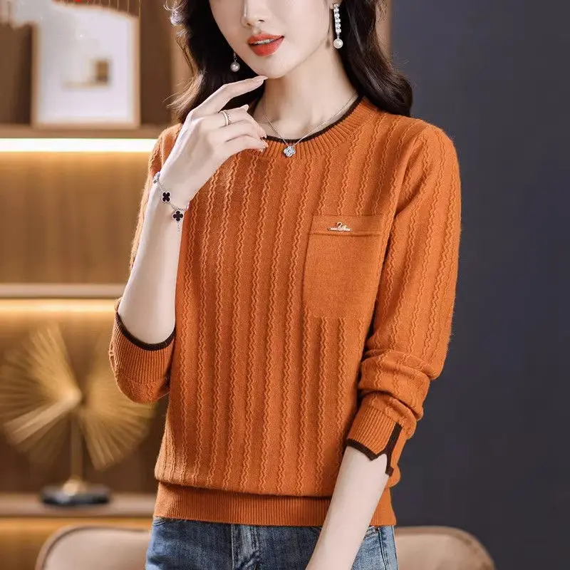 Sweater Long Sleeve Crew Neck Screw Thread Pullover Pockets Contrast Color Women\'s Clothing Knitted Casual Autumn Winter Tops