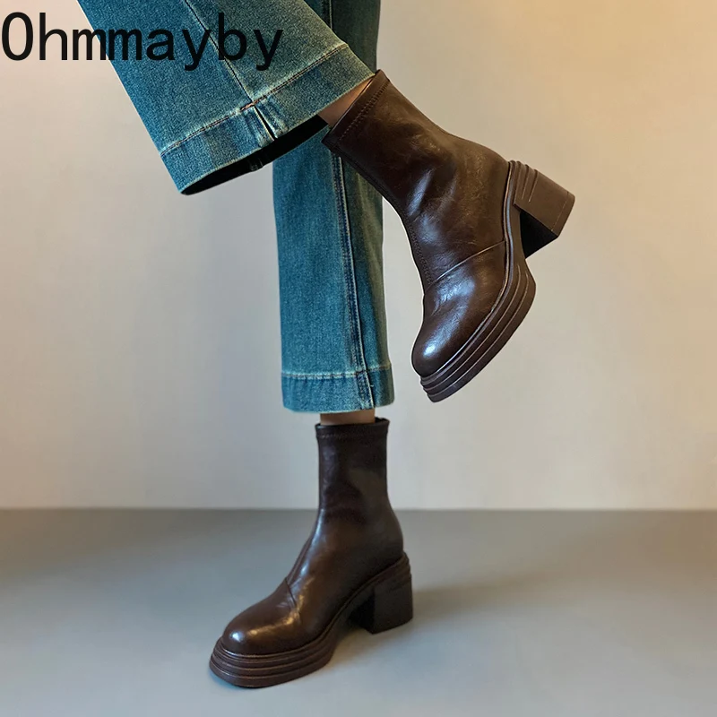 Designer Women Stretch Modern Ankle Boots Fashion Thick Heel Shoes Concise Short Botas De Mujer image 2