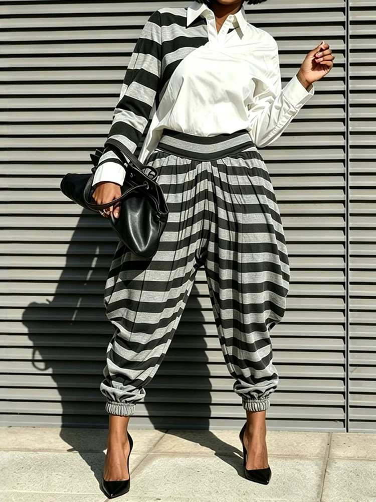 New Fall Sportwear Set Fashion Stripe Printed Contrast Color Shirts Pants Matching Sets Elegant Lady Casual Commute 2 Piece Sets