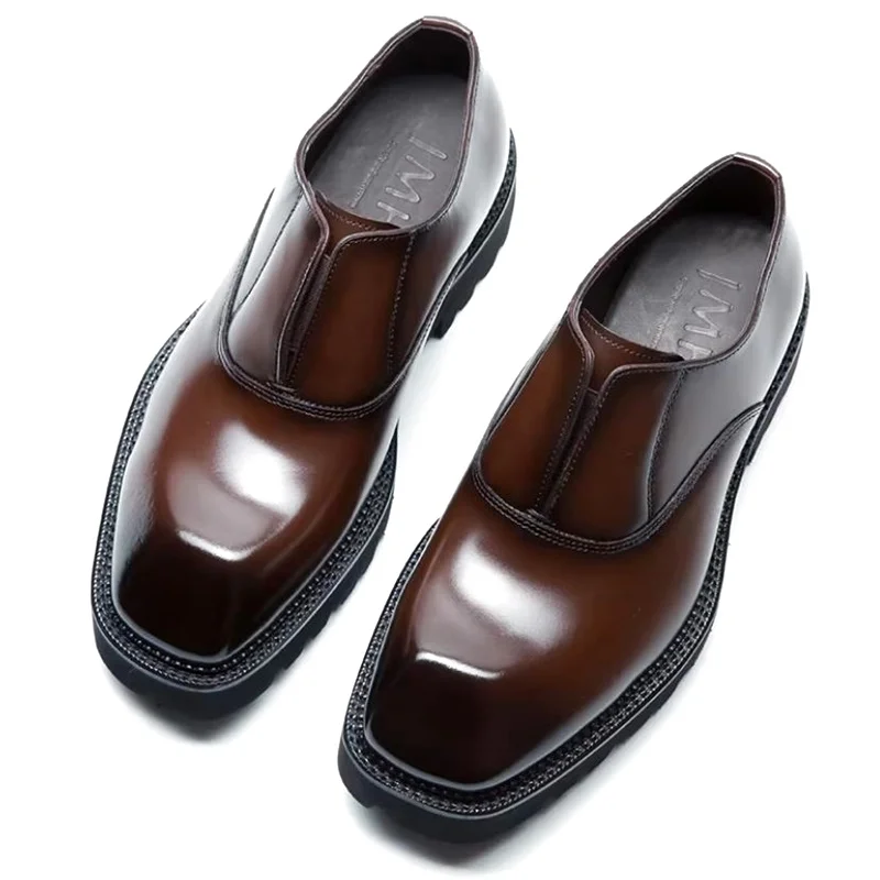 

Мужские деловые повседневные туфли в британском стиле из натуральной кожи, без шнурков, с квадратным носком, на платформе, дышащие офисные лоферы