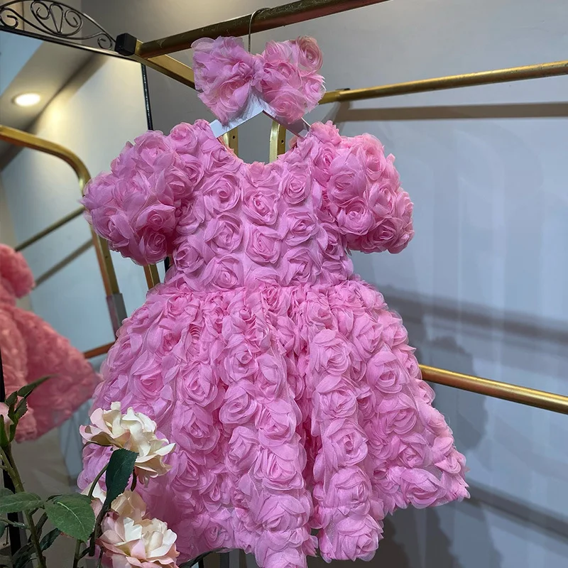 Girls Bubble Sleeve Princess Dress with Rose Appliqué, European Style Tulle Tutu for Toddler Special Occasions Baby Girl Dress