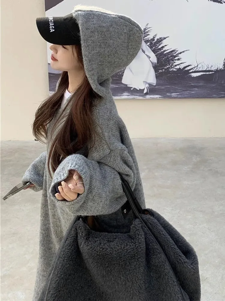 Korean style autumn hooded cashmere sweater long sweater dress loose women\'s knitted woolen hoodie