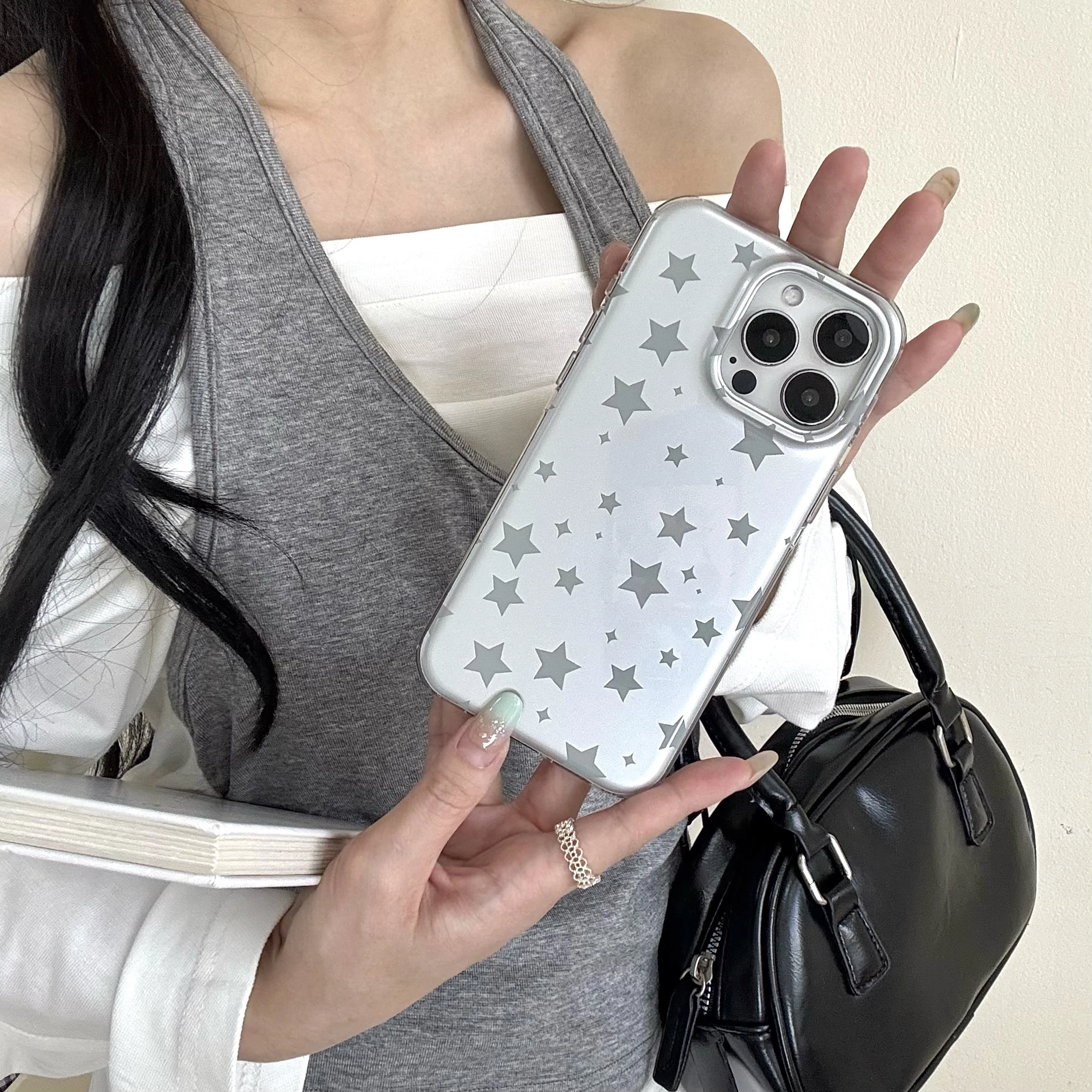 Koreanische INS Galvanisierte Silber Vollbild Sterne Muster Telefon Fall für iPhone 16 15 14 13 Pro Max Zurück Telefon Abdeckung Capa