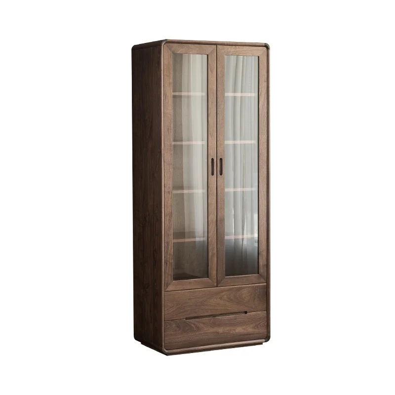 Nordic black walnut display side cabinet glass bookcase oak storage floor simple cherry wood