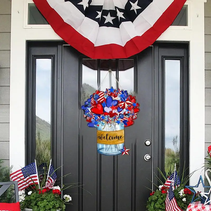 4th Of July Door Sign Farmhouse Patriotic Door Hanger For Front Door 4th Of July Wooden Welcome Door Sign For Independence Day