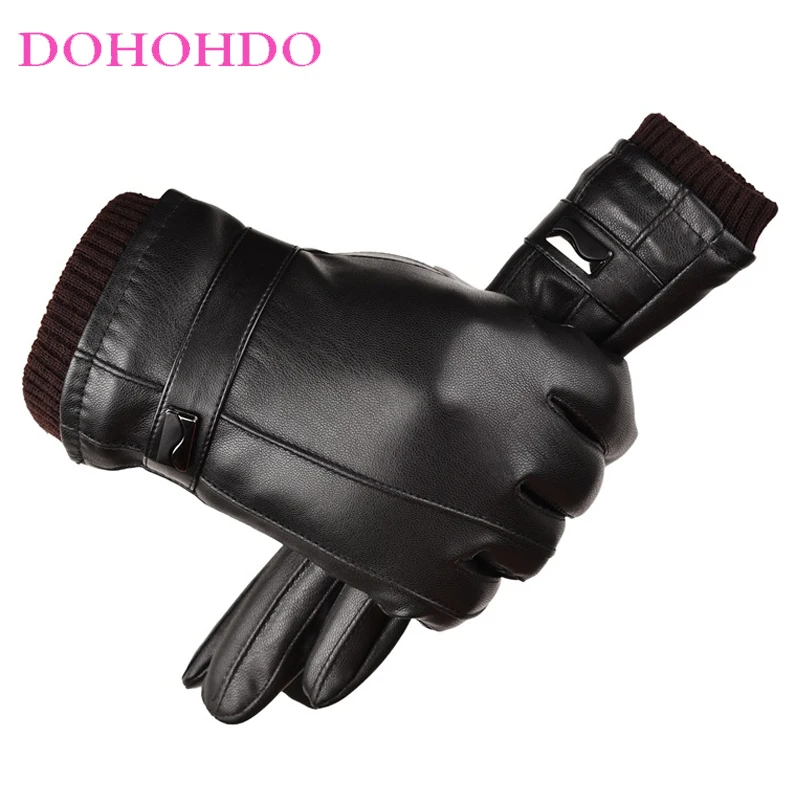 

Men Winter PU Gloves Touch Screen Driving Cycling Thick Warm Cotton Gloves Black Gloves Windproof And Waterproof Leather Gloves