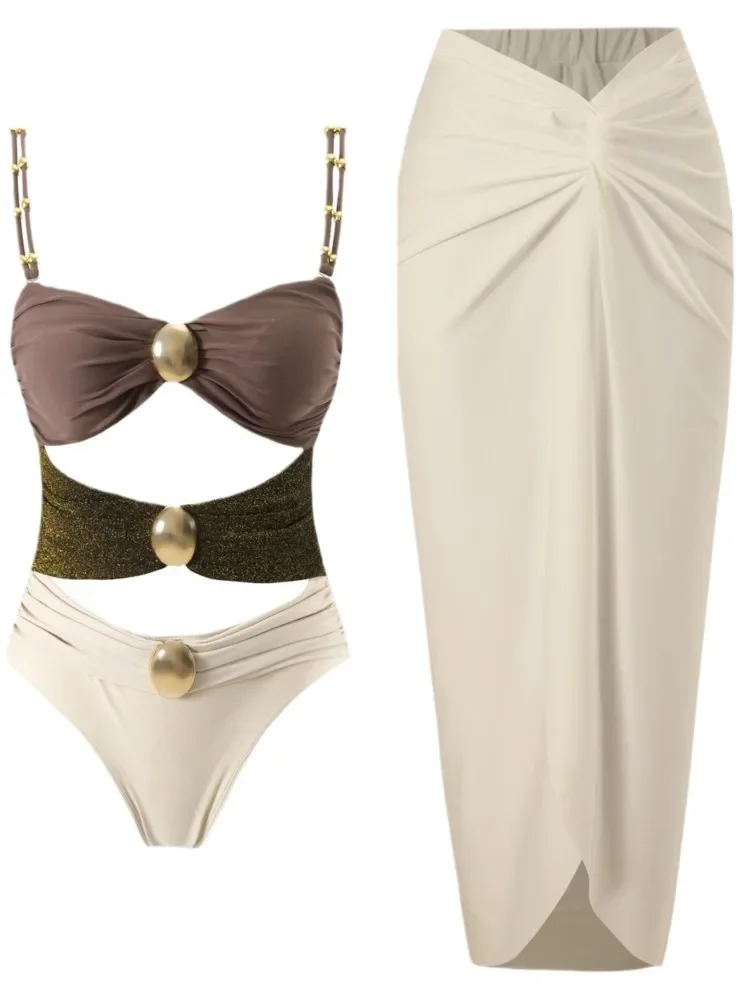 Retro-Bikini, bedruckt, modisch, zweiteiliger Badeanzug und Vertuschung mit Rock, eng, Damen-Verband, Sommer, Strand, luxuriös, elegant, 2024