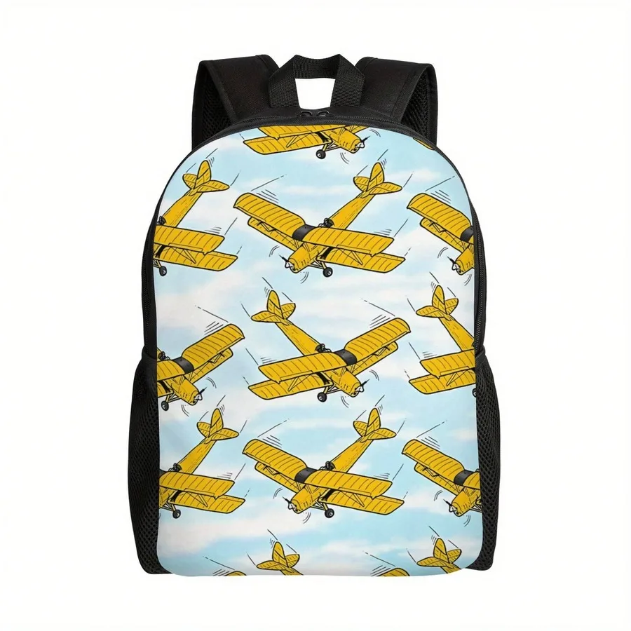 Full Print Yellow Biplane Pattern Backpack For Adults, Daily Use Outdoor Commuting