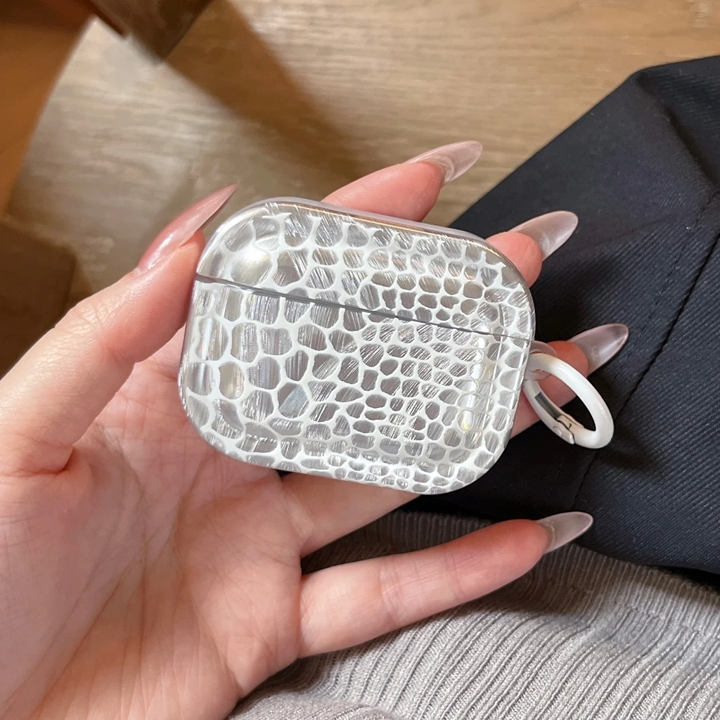 Y2K Exquisite Silvery Electroplating Crocodile Pattern Brushed Luster Earphone Protect Cover Case AirPods 1 2 3 4 5 Pro2 Pro3
