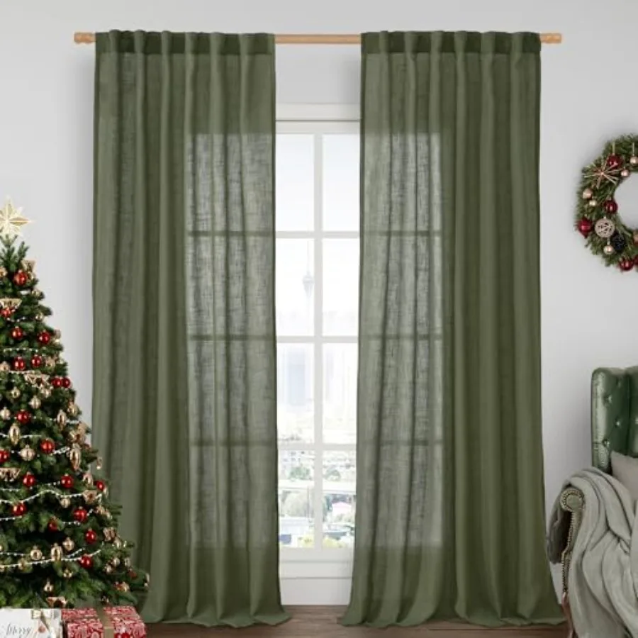 

Olive Green Linen Curtains for Living Room and Bedroom with Light Filtering Semi Sheer Fabric 2 Panels 52 x 84 Inch Back Tab an
