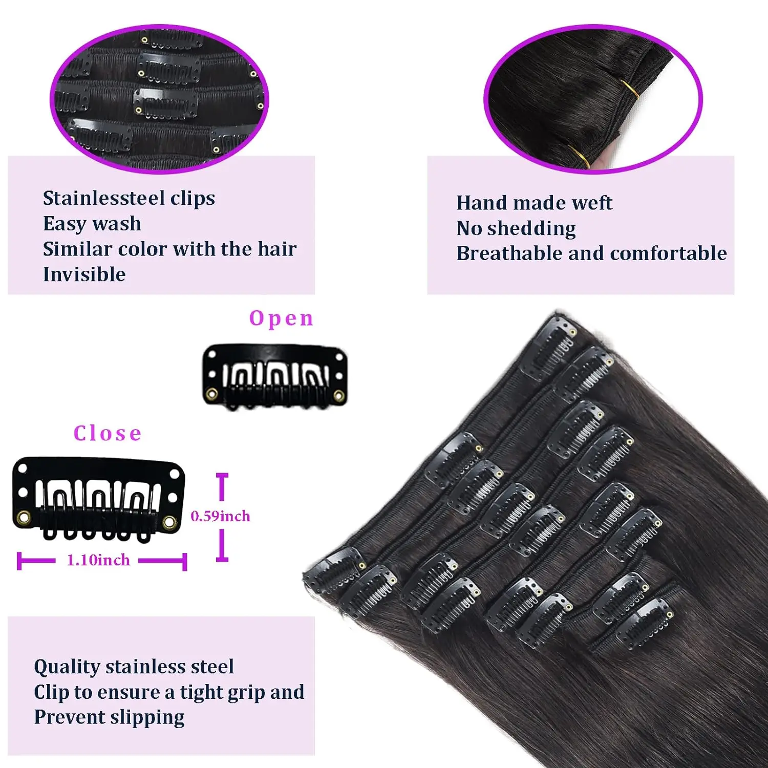 Extensiones de cabello humano con Clip recto para mujer, Color negro Natural, brasileño, 16-26 pulgadas, 120G, 8 unidades por juego