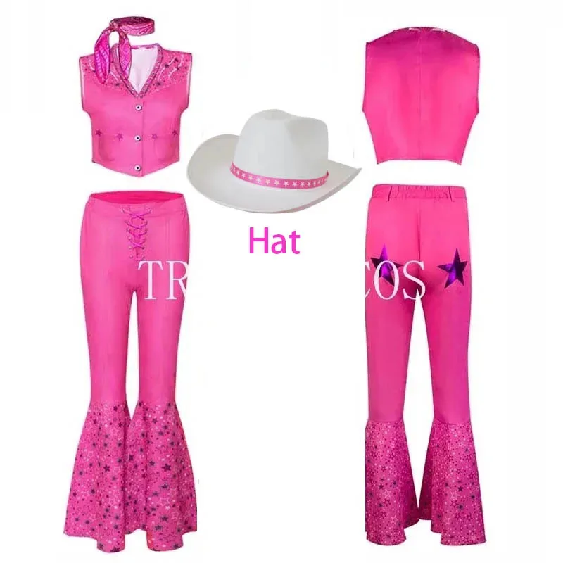 

Barbi Cosplay Costume with Hat Pink Cowgirl Outfits 70s 80s Hippie Disco Costume Margot Robbie Movie Barbi Halloween Comic Cn
