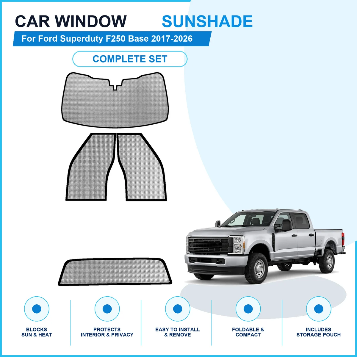For Ford Superduty F250 Base 2017-2026 Custom Full Set Window Sunshades Aluminum Foil Suction Cup Anti UV Privacy