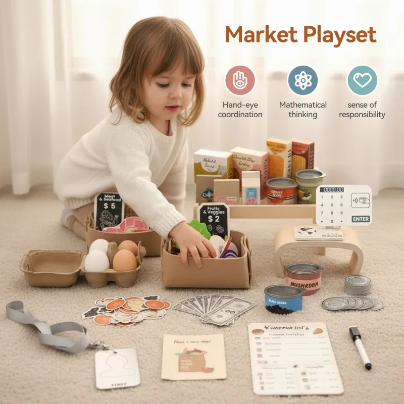

Educational Supermarket Playset for Toddlers Complete with Food Boxes Coins and a Mini Shelf to Learn Math and Responsibility
