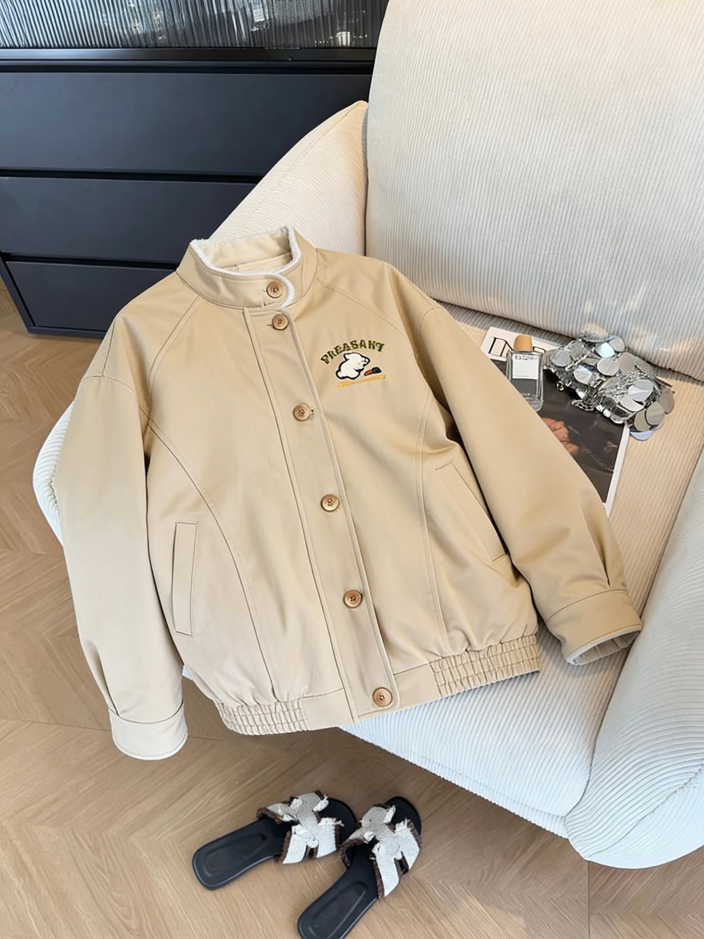 

Свободный крой с мультяшным принтом, бейсбольное куртка, хлопковое пальто с воротником-стойкой, осенне-зимняя утягивающая универсальная верхняя одежда