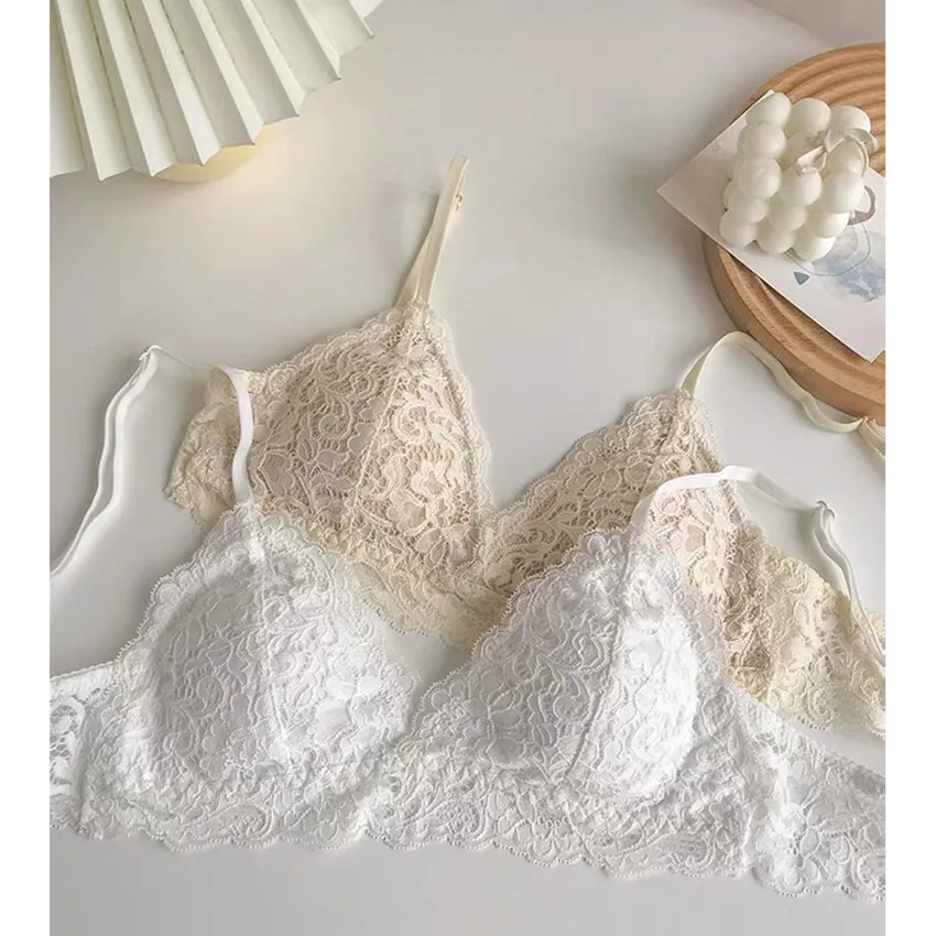 

Sexy Lace Bra Women's Underwear Gathered Anti-Sagging Steel Ring Thin Pure Desire Chest Clothes Fixed Shoulder Strap