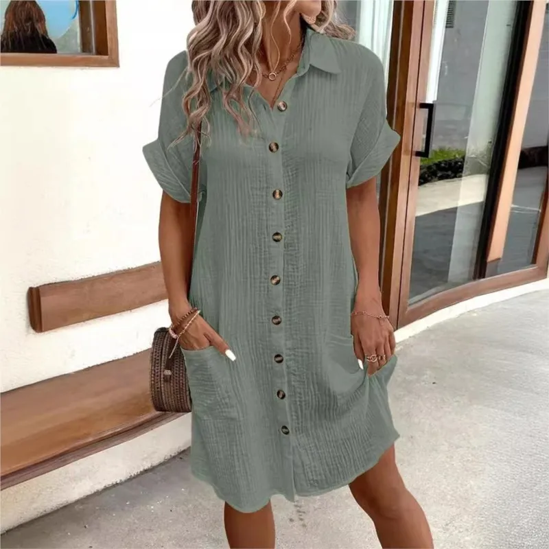 

Summer Turn Down Collar Button Up Dress For Women Casual Loose Short Sleeve Pocket Splicing Solid Color Dresses Femme Robe юбка