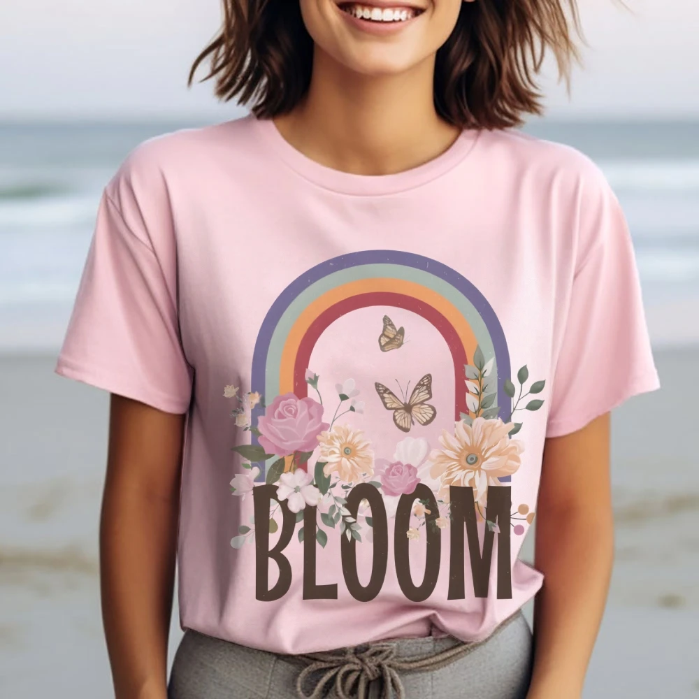 

Bloom with Rainbow and Floral Print, Design,Vibrant and Hopeful Y2k Graphic Tee, Soft Fabric for Inspirational Casual Looks