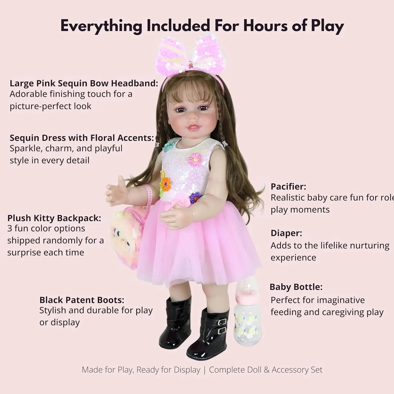 22 Inch Realistic Reborn Toddler Doll, Full Soft Vinyl Body, Brunette Rooted Hair, Brown Eyes, Sequin Dress, Plush Backpack