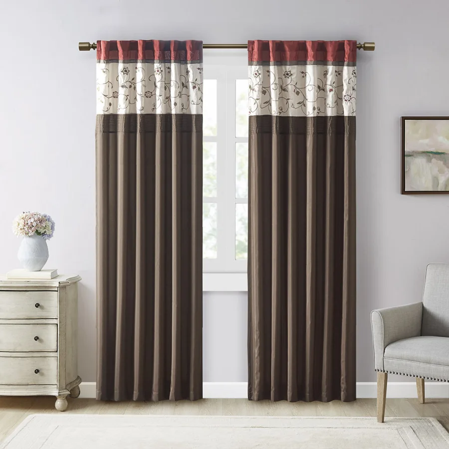 

Embroidered Curtain Panel for Living Room, Polyester Fabric, Beige, Elegant Floral Embroidery and Light-Filtering Design