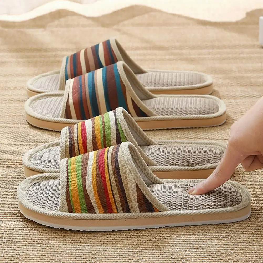 Four Season Couple's Multicolor Linen Slippers Women Indoor Striped Non-Slip Sandals Men Comfort Indoor Floor Breathable Slides